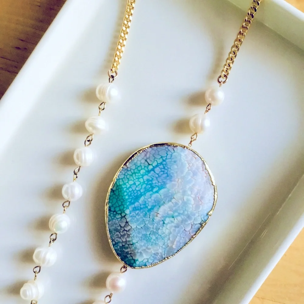 Realia by Jen Turquoise Stone and Pearl Necklace